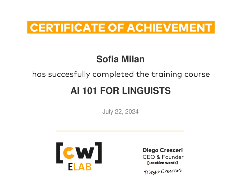 Certificate of attendance AI 101 for linguists by Creative Words