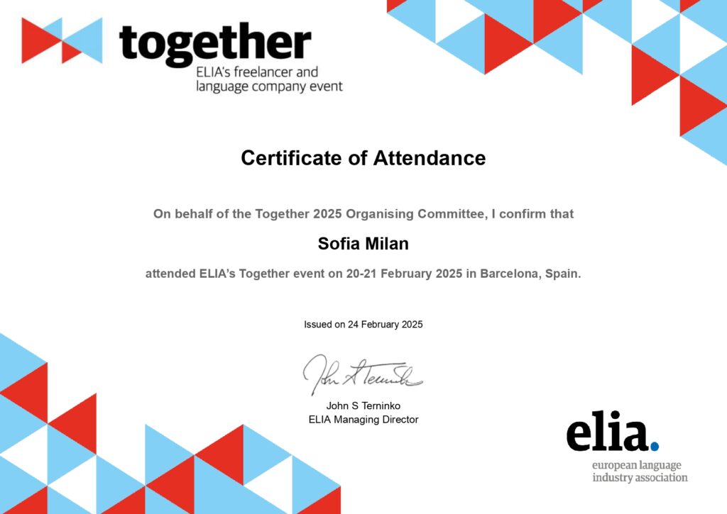 Certificate of Attendance ELIA Together 2025